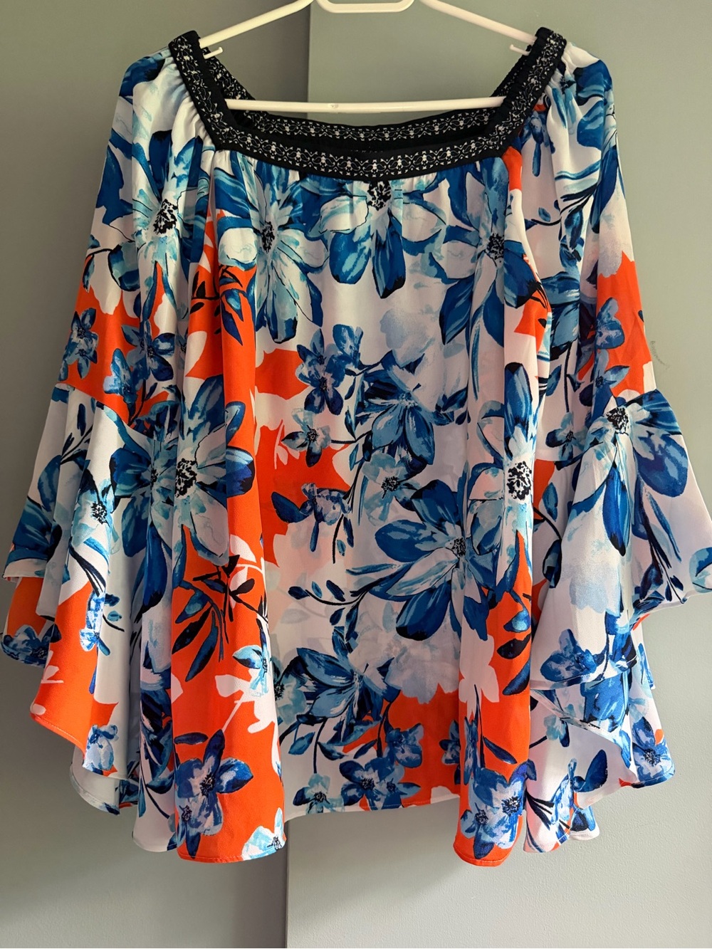 Embroidered Neckline Circle Skater Top - Blue & Orange Floral